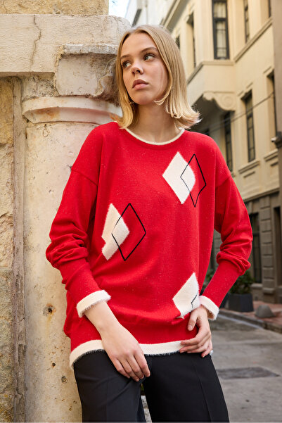 Clothes Fast Women's Red Geometric Patterned Round Neck Glitter Knitwear Blouse