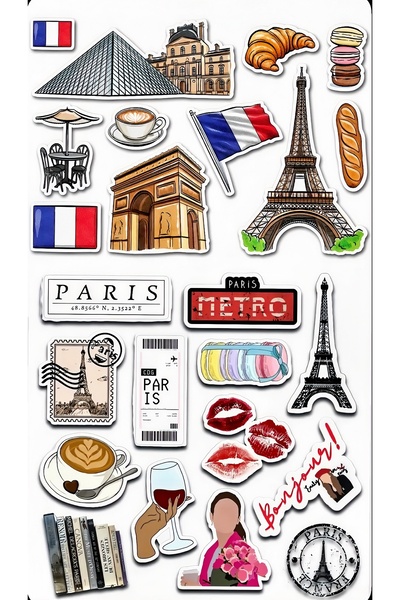 BENİMSER REKLAM مجموعة ملصقات باريس – 22×30 سم |   ملصقات إيفل، اللوفر، القهو...