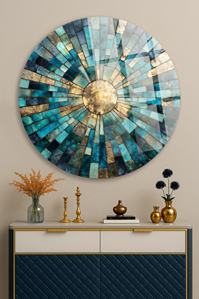 TAULART TURKUAZ ALTIN MOZAİK GÜNEŞ DESEN KIRILMAZ LÜKS CAM TABLO