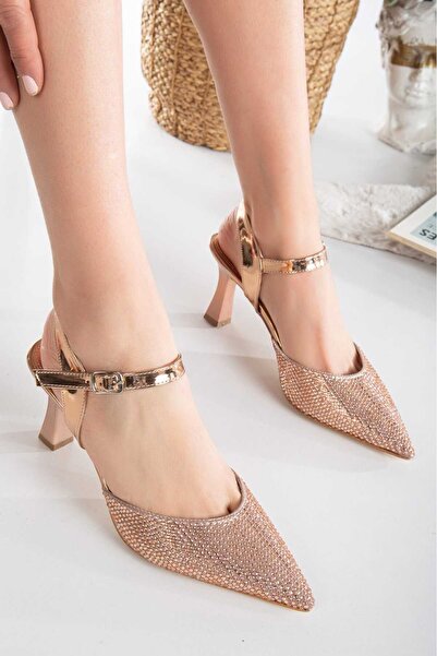 DAMMERUN Back Open Buckle Detailed Thin Heeled Women's Evening Dress Roze Color Shoes