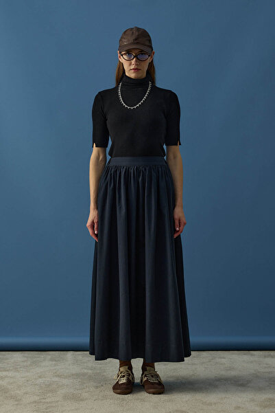 Kübra Yiğit Drawstring Cotton Skirt Navy Blue
