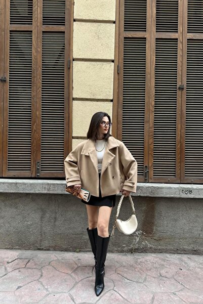 mylove ياقة مرتفعة متوسطة الطول سترة كاشي بيج