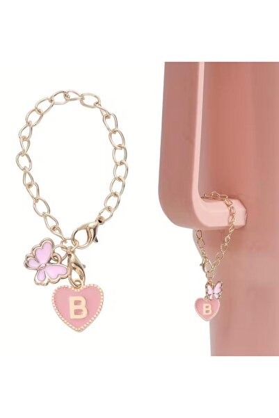 alisa B Harfi Kalpli Kelebekli Termos Uyumlu Pembe Charm Aksesuar Sallantılı Süs
