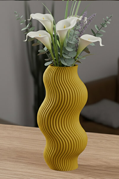 MEK مزهرية بلاستيكية مزخرفة بتصميم مموج مخططة باللون الأصفر (20×10 سم)