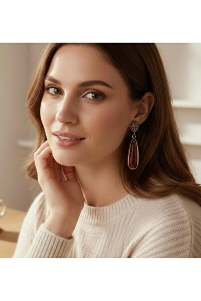 BuradaBuldun Gold Color Long Form Red Stone Earrings