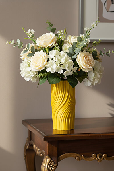 MEK Vază decorativă din plastic cu design în spirală ondulată galbenă (20x11cm)