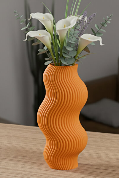 MEK Wave Design Striped Decorative Plastic Vase Orange (20X10Cm)