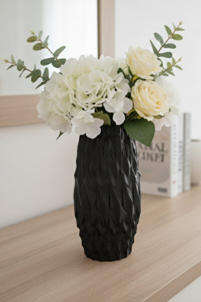 MEK مزهرية بلاستيكية مزخرفة بتصميم عصري منحوت باللون الأسود (20×10 سم)