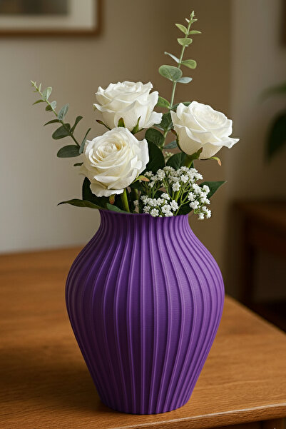 MEK Κλασικό ριγέ φαρδύ διακοσμητικό πλαστικό βάζο μωβ (18x17,5 εκ.)