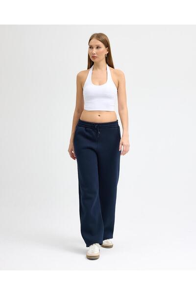 DI LORIA Kadın Lacivert Üç İplik Şardonlu Palazzo Eşofman Altı