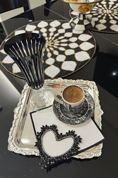 bibashka Siyah kalp işlemeli 2li kokteyl peçete