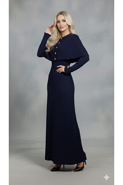 GİYSİ DÜNYASI 57 TRİKO KUMAŞ PELERİN DETAYLI BELDEN OTURTMALI TAM BOY ELBİSE