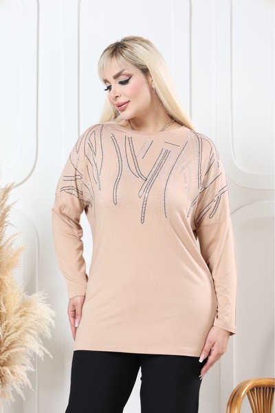 Vinola BÜYÜK BEDEN VİSKON KUMAŞ TAŞ DETAYLI BLUZ