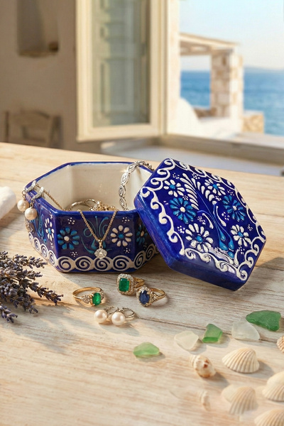 EVCİME صندوق مجوهرات سداسي الشكل مصنوع يدويًا من الخزف المزخرف