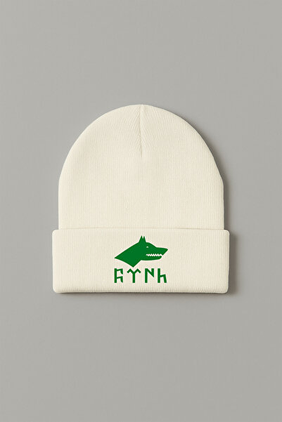 MODA Turkish Bozkurt Kurt Göktürkçe Writing Printed Ecru Folded Winter Hat Be...