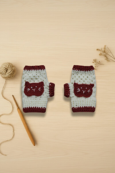 ZEYZON Kedi Figürlü El Örgüsü Parmaksız Eldiven – Krem & Kırmızı, El Yapımı H...