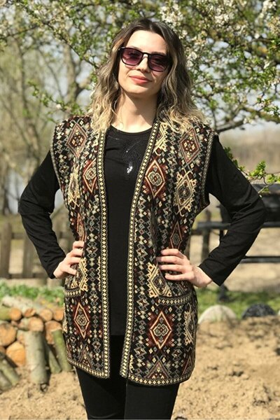 NOBLE STORE Kilim Patterned Buttonless Thick V-Neck Mother Vest Nbl