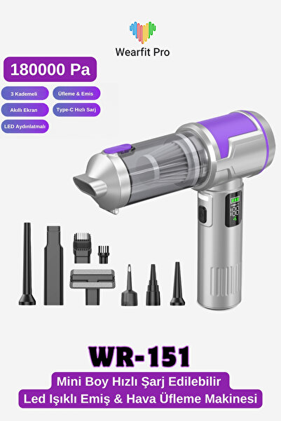 Wearfit Pro WR-151 18000pa Hava ve Emiş Güçlü Mini Kablosuz Araç İçi Elektrik...