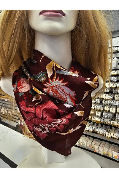 Elvinege Aksesuar Çiçekli Şifon Fular - Bordo Saten Fular