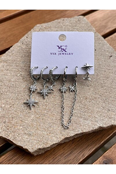 nunu takı YSX Jewelry Gümüş Kuzey Yıldızı Altılı Küpe Seti