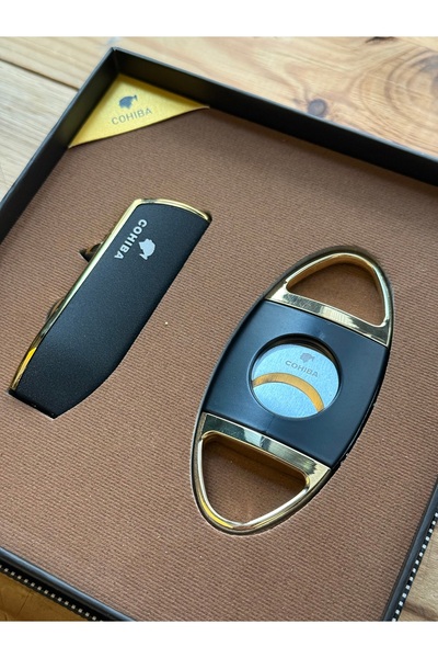 COHİBA İkonik Siyah Kesici ve Çakmak Set Pütürlü Siyah Şık Kutusunda