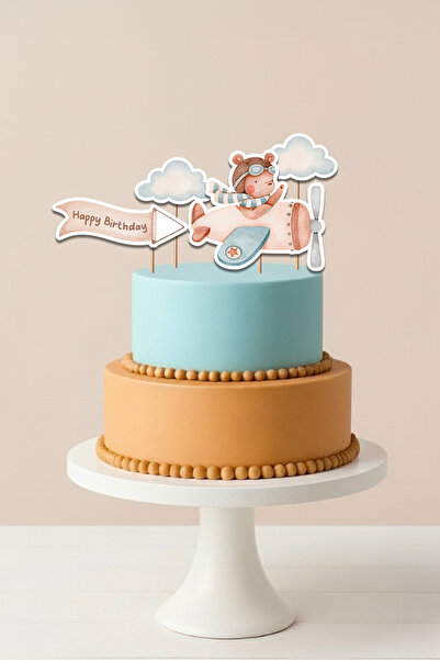Niksy Design Pilot Teddy Bear Airplane Themed 4-Piece Cake Decoration