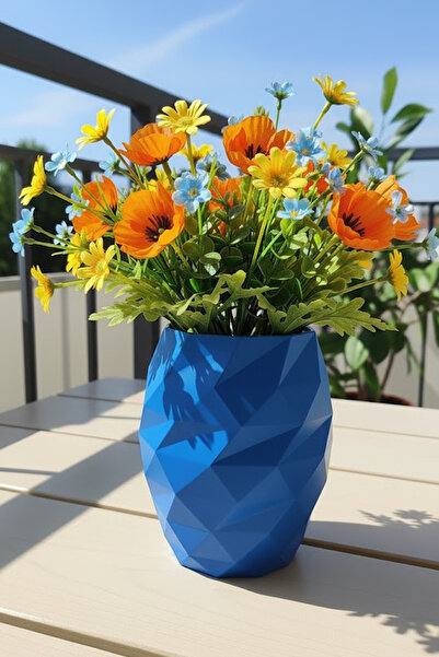 MEK مزهرية بلاستيكية مزخرفة بتصميم مضلع حديث باللون الأزرق (20x17 سم)