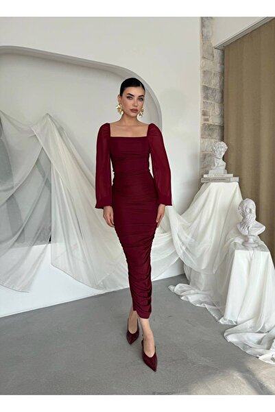 ETİKAFASHION Şifon Kol Büzgülü Sim Elbise