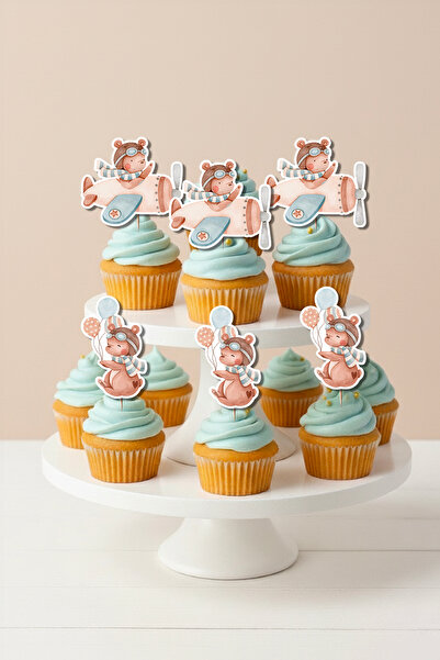 Niksy Design Pilot Teddy Bear Airplane Themed 12 Piece Cupcake Decoration