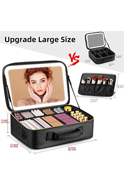 CEDAN حقيبة مكياج كبيرة للسفر مع مرآة LED، مقاس 15 بوصة احترافية مع 3 أوضاع لونية (أسود)