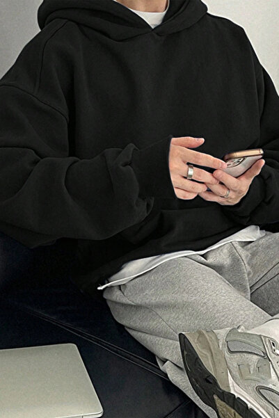THE RULE Unisex Oversized Loose Cut Cotton 3 Thread Ş Fleece-Lined Basic Black Ka Hooded Sweatshirt with Fleece Inside