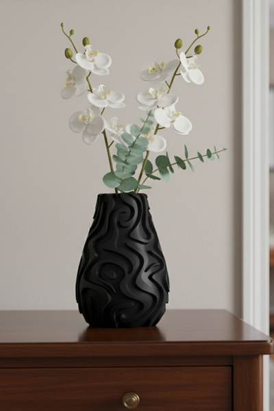 MEK مزهرية بلاستيكية مزخرفة بنمط مموج أسود (20×15 سم)