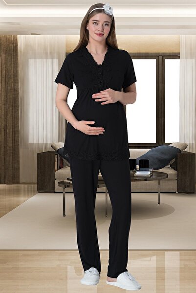 Mecit Pijama Rahat Kalıp Şık Siyah Hamile Lohusa Pijama Takımı