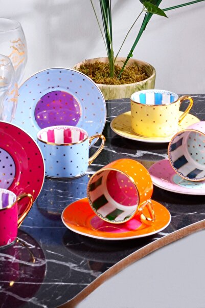 LOKMAN ZÜCCACİYE SHOWROOM Bone China Polka Dot 6-Piece Gilded Coffee Cup Set