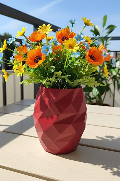 MEK Modern Polygon Design Decorative Plastic Vase Red (20X17Cm)