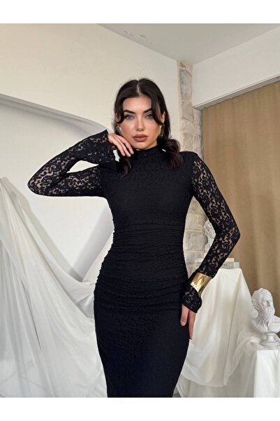 ETİKAFASHION Hakim Yaka Drapeli Dantel Kadın Elbise