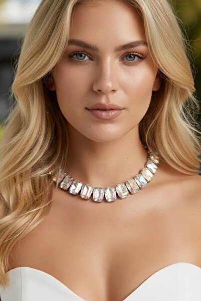 CAŞ DEKORASYON Silver Color Hologram Stone Evening Dress Necklace