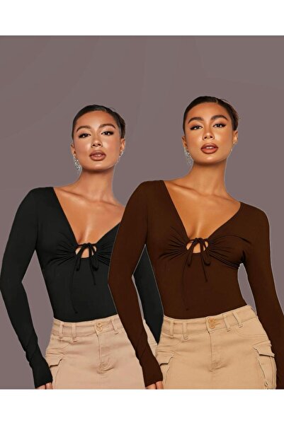 Marin Star Bluză dublă cu decolteu în V adânc și mâneci lungi, cu șireturi, bluză dublă maro închis și negru, cu decolteu în jos