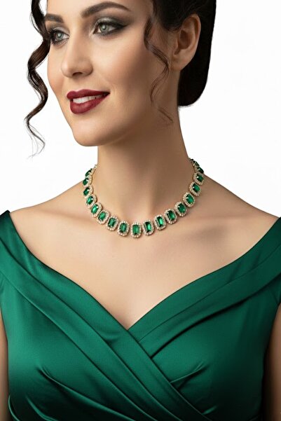 CAŞ DEKORASYON Gold Color Green Stone Evening Dress Necklace