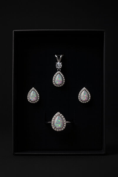 OPAL 925 Ayar Damla Taşlı Gümüş Takım Seti (Kolye–Küpe–Yüzük)