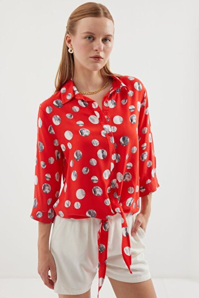 RBY 20243 Front Tie Patterned Shirt - Red