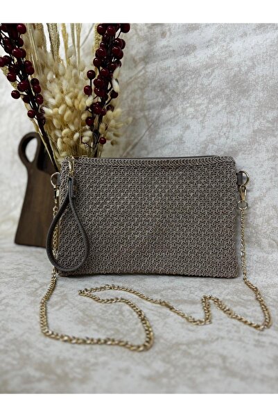 Yuga Hasır görünümlü el ve çapraz çanta modeli-kahverengi