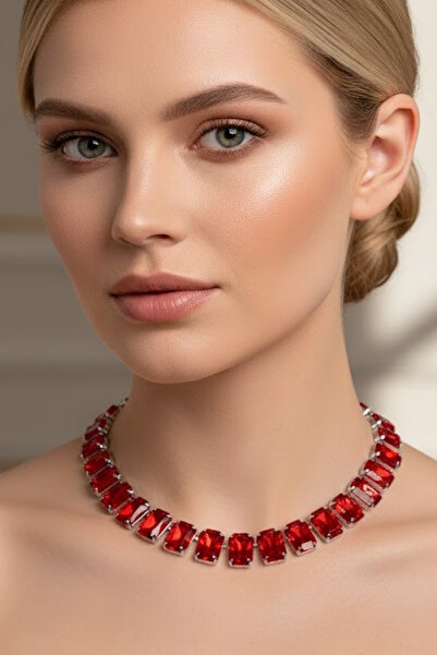 CAŞ DEKORASYON Silver Color Red Stone Evening Dress Necklace