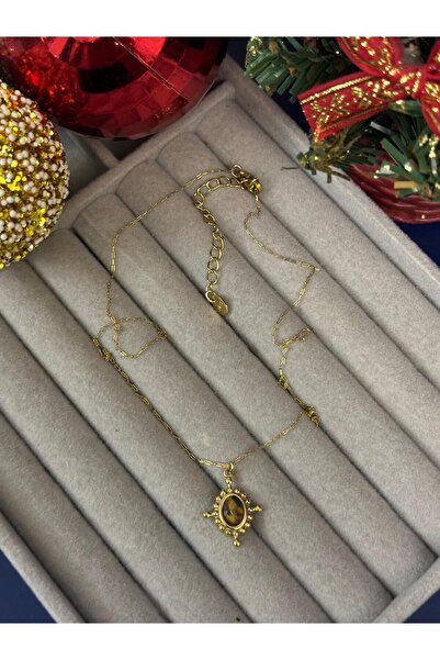 Idarosa Concept Minimal Zincirli, Doğal Taşlı, Oval Çerçeveli, Antik Görünüml...