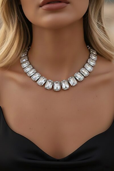 CAŞ DEKORASYON Silver Color Stone Evening Dress Necklace