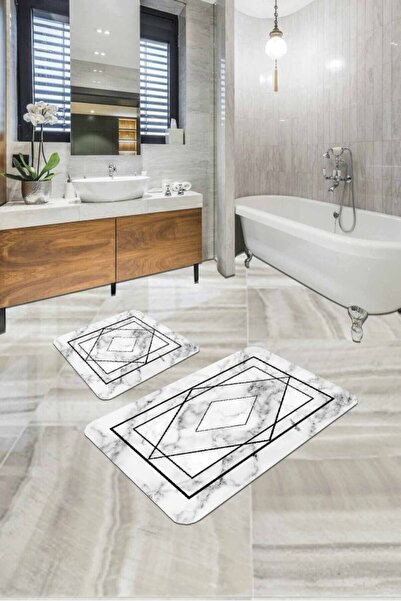 Suare Concept طقم سجادة حمام بمظهر الرخام الأبيض مقاس 60 × 90 سم + 60 × 60 سم