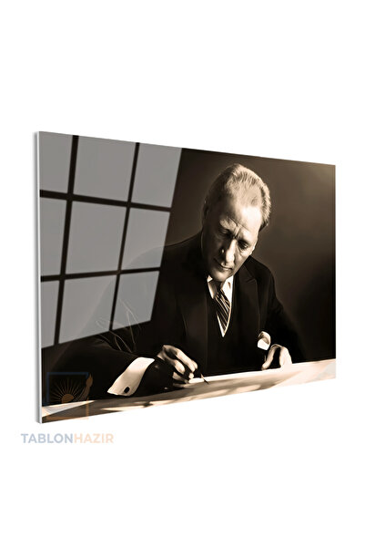 tablonhazır Yatay Cam Tablo Salon Duvar Tablosu Yatay Cam Ataturk Yazi Yazark...