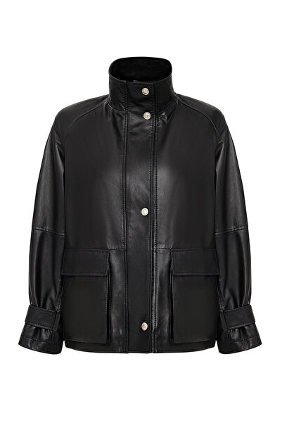 Derimod Fancy Women's Black Turn-Down Collar Oversized Leather Coat 25Wgd5625U4