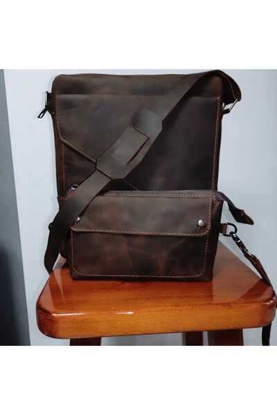 DEDE Unisex Deri Çanta İkili Set – Omuz Çantası & El Çantası – Vintage Model