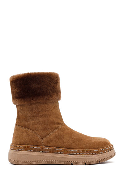 Derimod Women's Tan Thick Soled Fur Detailed Suede Leather Boots 25Wfd133410
